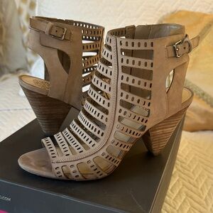 Vince Camuto Taupe Laser-Cut Peep-Toe Booties